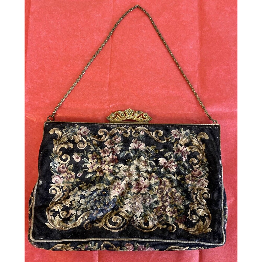 Antique 1920s Art Deco Gold Tone Frame Seed Pearls Petit Point Needlepoint Purse